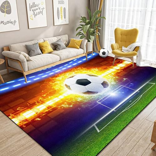 Dai Lufei Fussball Teppich FußBall, Sportbereich rutschfest Fußballplatz Teppich Eisfeuer Fußball Bedruckt Großflächige Teppiche Jugendzimmer 3D Fußball Mit Flammen Bedruckten Teppichen, 160x230cm