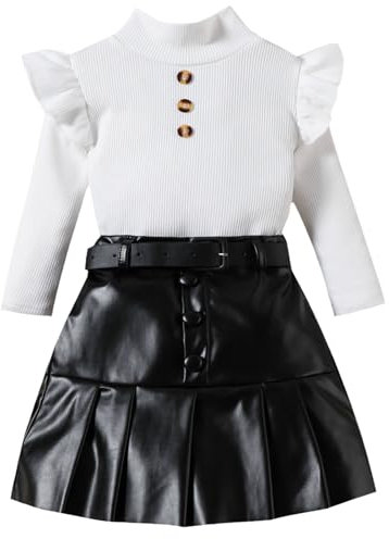 Toddler Baby Girl Skirts Outfit Kids Puff Sleeve Tops Blouse and Leather Skirt Clothing Set Fall Winter Clothes Fashion Suit (3-White, 3-4 Years)