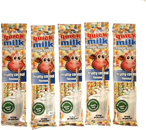 QUICK MILK Fruity Cereal - Strohhalme für Milch mit Getreide und Früchten, 5 Packung je 5 Trinkhalme (25 Halme)