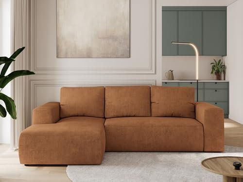 MKS MEBLE Sofa mit Schlaffunktion - Ecksofa mit Schlaffunktion und Bettkasten - Sofa 3 Sitzer - Schlafsofa - Couch - Schlafsofa mit Bettkasten - Trentino L - Orange Stukture - Links