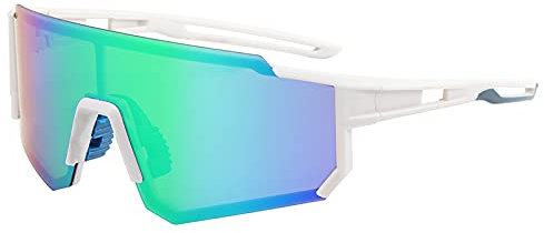 Axvxby Sports Sunglasses with Green Mirror Lens, White Frame, UV Protection,Cycling Glasses, Bicycle Fishing Road Bike Glasses
