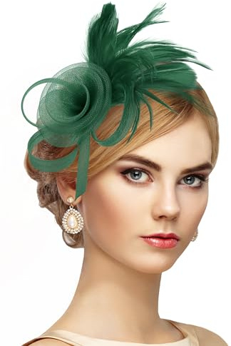 Zinniday Fascinator-Hut mit Federblumen, Grün, 1920er-/50er-Jahre-Kirche, Cocktail-Kappe für Damen, High-Teeparty-Kleidung, Kopfbedeckung, elegante Derby-Hüte mit Haarspange für Damen, Mädchen