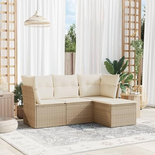 IKAYAA 4-TLG Rattan Gartenmöbel Set, Balkon Lounge, Outdoor Loungemöbel Rattan Sitzlounge Ecklounge Ecksofa Gartensofa Balkonsofa Beige und Creme Type-62