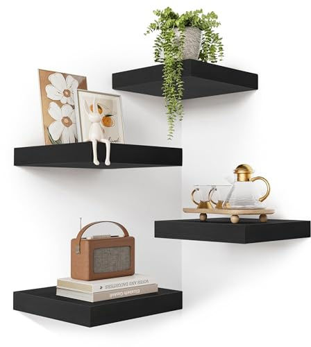 VINCOURNA Mensole da Muro da Parete Set di 4, 25 * 25 * 3.8cm Mensola da Muro in Legno, Mensole Bagno da Parete, Mensole da Muro Design per Bagno, Soggiorno, Cucina, Letto, Libri - Nero