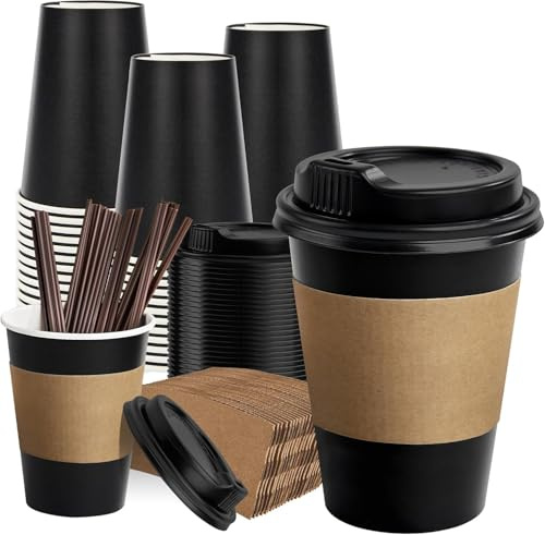 RACETOP Coffee Cups with Lids 12 oz 100 Pack, Black Cups with Sleeves