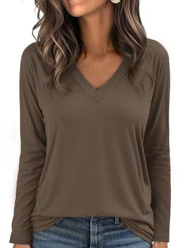 Aottori T Shirt Manches Longues Femme Col V Couleur Unie Coupe Ample Brun M