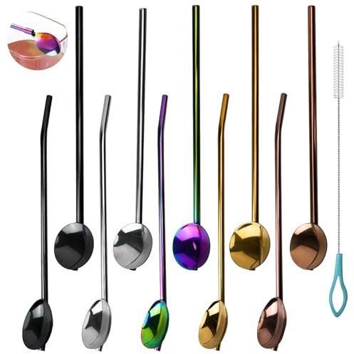 WRENYZK 10 Pcs Drinking Straw Spoon, Stainless Steel Reusable Straw Spoon, Metal Straw Spoon 2 in 1 with Cleaning Brushes for Smoothies Milkshakes Coffee Stirrers