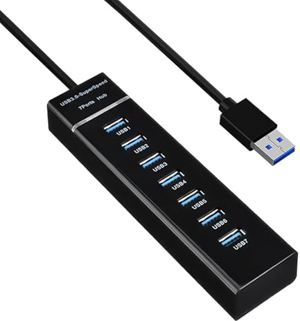 Hub USB 3.0, Hub USB 7 Puertos con Cable 1M, Concentrador Multipuerto con Alimentación 5V/3A, Velocidad de Transferencia 5Gbps, para Laptop, MacBook, Surface, PS4, HDD Externo, Windows, Mac OS y Linux