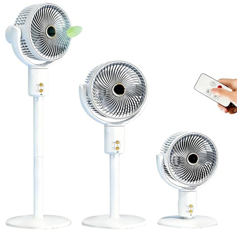 Ventilatore a piantana silenzioso, 3 altezze regolabili, 5 velocità e orientamento 360°, ricaricabile, per uso a terra o su tavolo, con telecomando