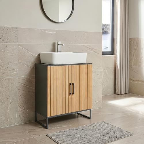 [en.casa] Waschbeckenunterschrank Svanes Badezimmerschrank mit 2 Türen Lamellenoptik 70 x 60 x 30 cm Badschrank 3 Innenfächer Waschtischunterschrank Dunkelgrau/Natur