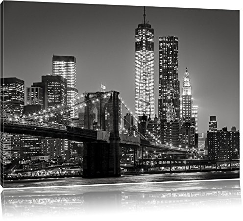 Pixxprint New York City Skyline bei Nacht, Größe: 80x60cm, Leinwandbild, fertig gespannt, Wandbild, Dekoration, Kunstdruck, kein Poster