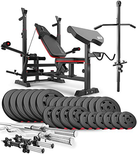 Hop-Sport Hantelbank Kraftstation HS-1075 mit Lang-, Curl- & Kurzhantel Gewichte 75kg bis 173kg + Latzug (135kg)