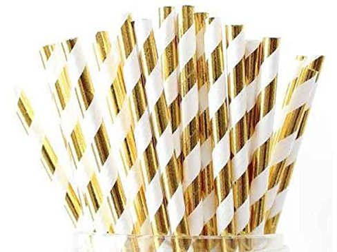 Neviti White and Gold Foil Stripe Paper Straws