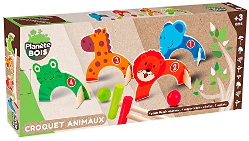 PLANÈTE BOIS - Jeu de Croquet Animaux - FSC - 053342-2 à 6 Joueurs - Multicolore - Bois - Jouet Enfant - Jeu d'Adresse et de Plein Air - 76 cm x 14 cm - À Partir de 3 Ans