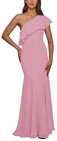 Robe de demoiselle d'honneur asymétrique en mousseline de soie à volants longue robe de soirée pour femme, rose bonbon, 34
