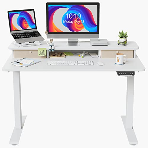 FEZIBO Height Adjustable Electric Standing Desk with Double Drawer, 100 * 60cm Stand Up Table with Storage Shelf, Sit Stand Desk with Splice Board, White Frame/White Top