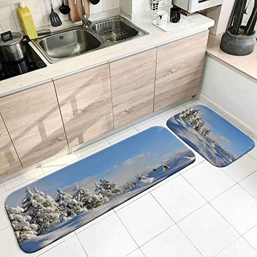 Antirutschmatte für Teppich, Waschbarer Teppich Küche Weiß Schneebedeckter Baum und Häuser 40X60cm+40X120cm Heimtextilien