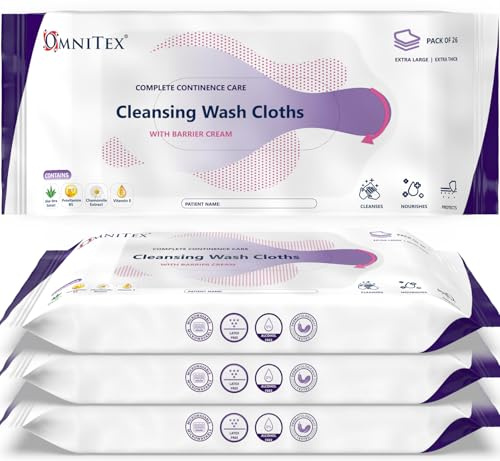 104x Omnitex Ultra Thick Incontinence Cleansing Wash Cloths with Barrier Cream, Microwaveable | All in One Continence Care Cleansing Wipes | Cleans Nourish Protect | Aloe Vera, Vitamins | 4x 26pk