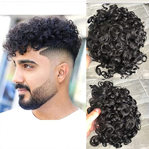 20MM Curly Toupee Hair for Men Human Hair (#1b,off black, 8*10 inches)