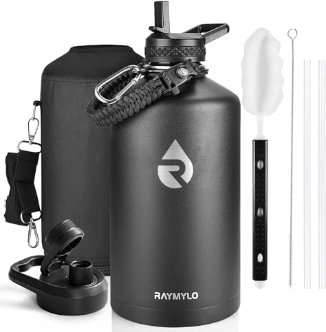 RAYMYLO Bouteille d'eau isotherme à triple paroi en acier inoxydable (froid pendant 48 heures), anti-fuite et sans BPA, grande bouteille d'eau avec poignée en paracorde et couvercles à bec verseur à