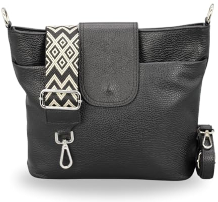 BRISE Umhängetasche Damen Echtes Leder ELLIE Handgemachte Crossbody Bag mit Ledergurt + Optionalen Breiten Gemusterten Riemen 6 Fächer Wasserdichte Schultertasche Made in Italy (Schwarz - 2)