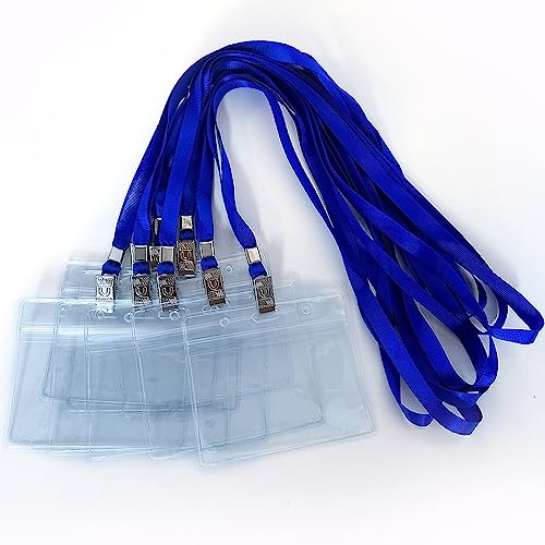50 Stück Namensschilder, Ausweishalter mit Umhängeband, horizontal, wasserdicht, Kunststoff, Namensschilder (blau)