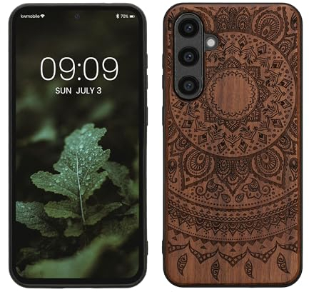 kwmobile Hülle kompatibel mit Samsung Galaxy S23 FE Hülle - Holz Case - Handy Cover - TPU Handyhülle in Dunkelbraun Indische Sonne