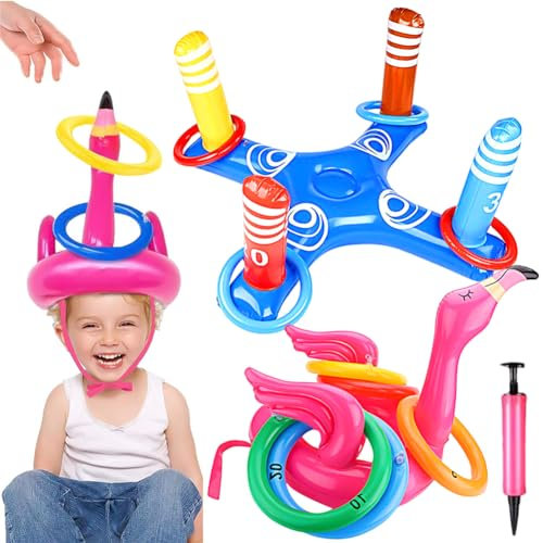 Flamingo Ring Toss Game Set, 11PCS Children's Water Toss Ring Game Ring Pool Float for Kids Pool Beach Party Toy Games Inflatable Ring Set for Family Party Summer Pool Party Decor Swimming Party Game