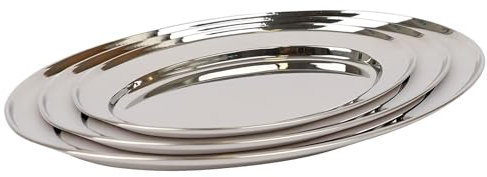 Argon Tableware 3 Piece Serving Platter Set - 25cm to 35cm - Stainless Steel Chrome Dinner Tray Oval Plate Appetizer Serving Dishes for Party, Table Service, Snack Platters