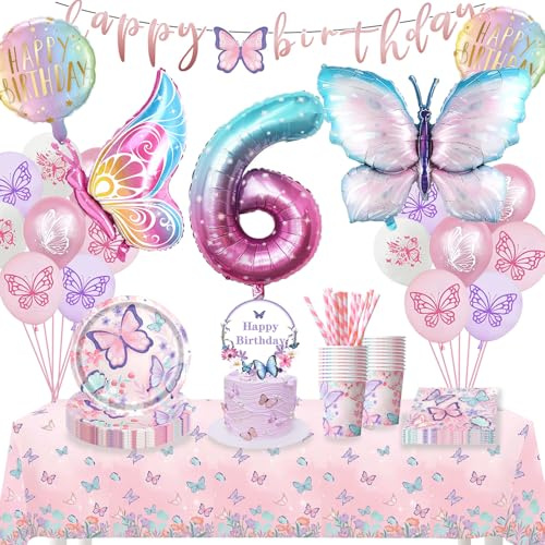 Schmetterling Geburtstag Deko 6 Jahre,Schmetterling Partygeschirr Set,Geburtstag Party Geschirr,Geburtstagsdeko 6 Mädchen,Schmetterling Ballons Pappteller für Geburtstagsdeko Mädchen Deko 16 Gäste