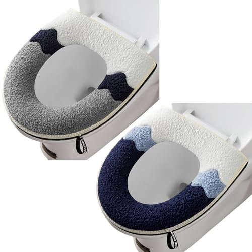 2 Pieces Thicker Bathroom Soft Toilet Seat Cover Pad with Handle Toilet Lid Cover Cushion Soft Thicker Washable Fits All Oval Toilet Seats (Grey+NavyBlue)