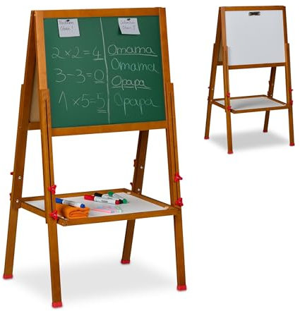 Relaxdays Kinderstandtafel, magnetische Spieltafel, höhenverstellbar, 102-135x55x52 cm, Whiteboard & Kreidetafel, braun