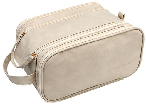 Hwtcjx Grande Trousse de Maquillage, Trousse de Toilette Voyage, Pochette Maquillage, Étanche Portable Trousse de Rangement Toilette Femme, Sac à Cosmétiques en Cuir PU à Glissière (Beige)