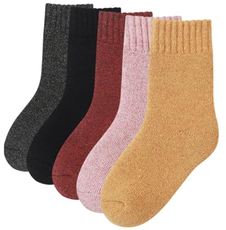 AOOPOO 5 Paires Chaussettes en Laine pour Enfants Hiver Chaude Chaussette Thermique Épaisses en Tissu Éponge Chaussettes de Ski Couleur Unie pour Bébé Tout-petits Enfant Fille Garçon 1-12 Ans