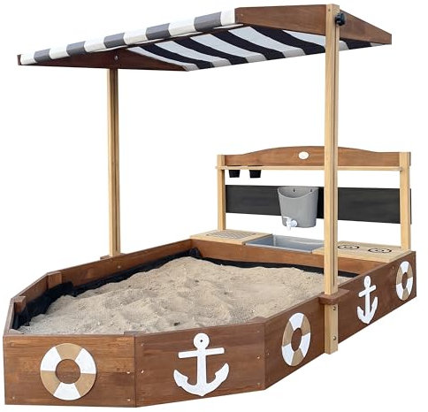 AXI Dora bac à Sable, bac à Sable Bateau en Bois - 160x100x110 cm, Bateau bac à Sable, avec Cuisine, Tableau Noir et Deux bacs à Fleurs | Bâche de Fond Incluse, bac à Sable Bateau