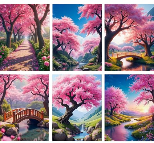 Jawecci 6 Stück Landschafts Diamond Painting Erwachsene 30x40cm | 5D Rosa Kirschblütenbaum Diamant Painting Set, Diamond Kunst Komplett Set für Anfänger Kreative Freizeit Home Wand Dekoration