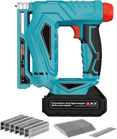 3/8” Cordless Brad Nailer, Cordless Nail Staple Gun with 1 * Battery | 2 in 1 Electric Stapler Nailer with 1000 Nails and 1000 Staples, Nail Gun/Staple Gun, Cordless Fix Nailer 2 Mode