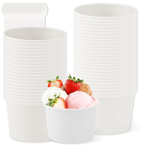 50 bicchieri da gelato universali in cartone ecologico, 240 ml, in carta con cucchiaio, in cartone, compostabili, per gelato, yogurt, finger food (bianco)