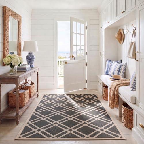 SAFAVIEH Washable Rug Outdoor Courtyard Collection - 6'7 x 9'6, Anthracite & Beige, Non-Shedding & Easy Cleaning, Ideal for Patio, Backyard, Mudroom (CY6923-246)