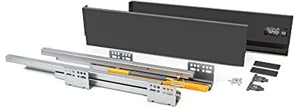 Emuca - Kit de cajón para cocina o baño con guias de extracción total y cierre suave, altura 138mm y profundidad 450mm, Gris antracita
