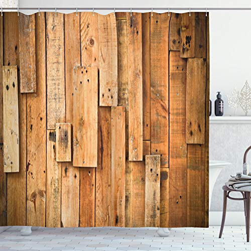 ABAKUHAUS Holz Duschvorhang, Lodge Wall Planks Drucken, Stoffliches Gewebe Badezimmerdekorationsset mit Haken, 175 x 200 cm, Orange