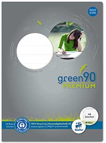 Staufen Green Hausaufgabenheft - DIN A5, 48 Blatt für 48 Wochen, premiumweißes 90g/m² Recyclingpapier, runde Ecken verhindern „Eselsohren“, 1 Stück