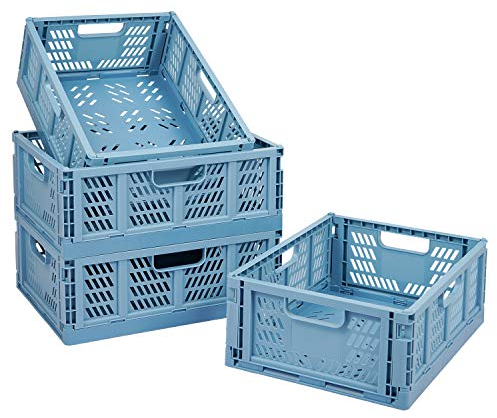 Tuevob Plastic Drawer Organizer Collapsible Storage Boxes Crate,4-Pack Stackable Folding Storage Basket Closet Containers Toy Organiser for Home Office Bedroom Kitchen Drawer Pull Out Under Bed-Blue
