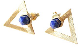 Ohrringe mit Lapis Lazuli - Dreiecksohrringe aus blauem 18K Gold für Frauen - Boho Hippie Ohrringe