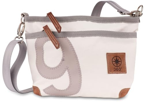 360° Grad Deern Lütt Crossover Damen-Umhänge-Tasche aus Segeltuch, weiß, Zahl Grau, Gurt grau mit Karabinern, maritim, wetterfest