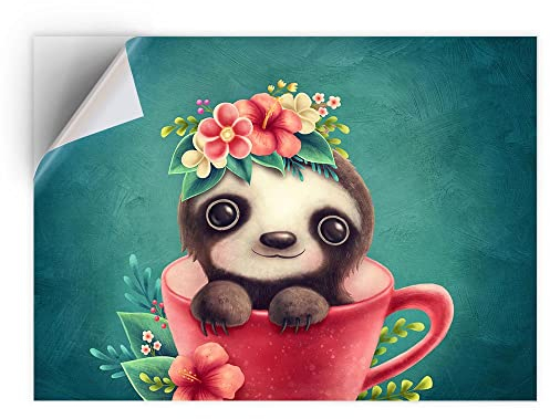 1 x A4 Vinyl Sticker - Teacup Sloth Cartoon Sloths Cute Animal Art Print Decal - Sticky Back Sticker Sheet #46346