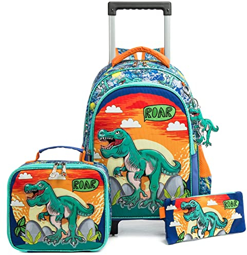 Rucksack Mädchen Schulranzen Trolley Schulrucksack Mädchen Teenager 3PCS Kinder Schultrolley Geeignet für Schule und Reise Essensbeutel und Federmäppchen Grüner Dinosaurier-Trolley-Rucksack für Jungen
