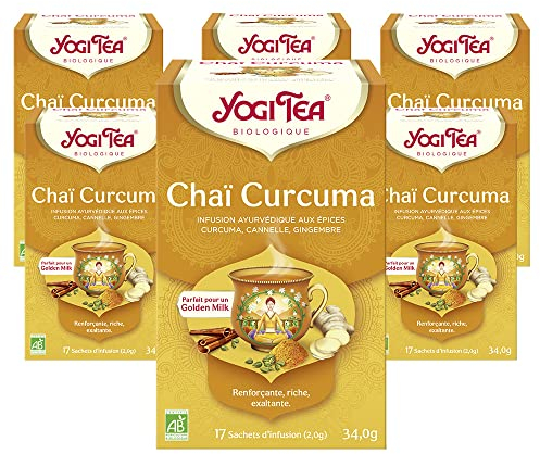Yogi Tea - Kurkuma Chai, Ayurvedischer Bio Gewürztee - und Kräutertee, Ideal für Goldene Milch, Mischung aus Kurkuma, Zimt und Ingwer, Yogi Tee 6er Pack, 6x17 Beutel (102 Teebeutel insgesamt)