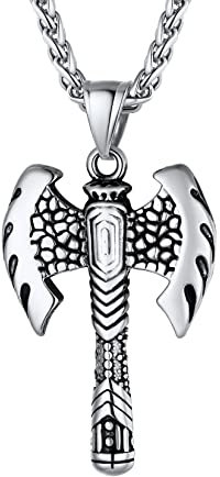 U7 Double Headed Axe Pendant Necklace Stainless Steel Silver Viking Jewellery for Men Women
