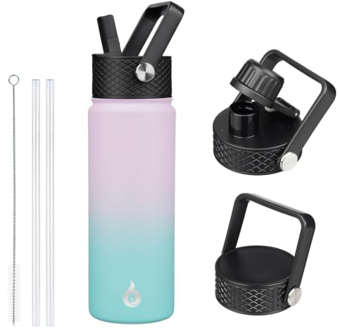 BJPKPK Insulated Water Bottles with Straw Lid, 22oz Cold & Hot Thermos, Stainless Steel Metal Water Bottle with 3 Lids, Reusable Thermos, Cups, Mugs for Daily Use-Oasis | 3 Lids Included, Keep Cold & Hot, BPA-Free Leakproof Vacuum Bottle, Metal Water Bottle for office, Gym, Travel & Outdoor